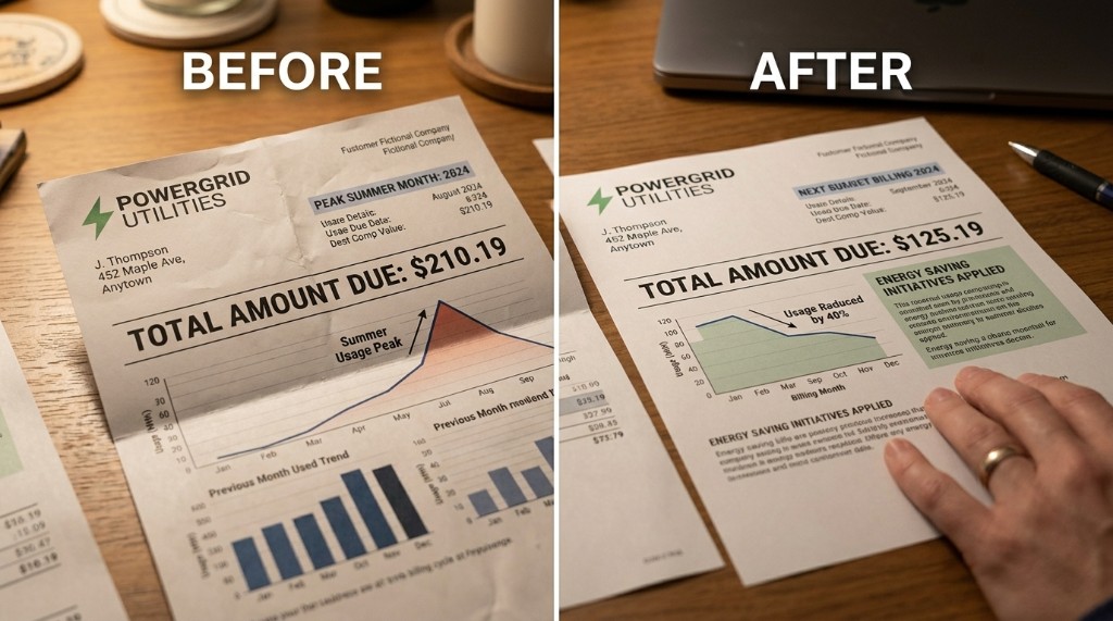 Electric bill before and after Eternalight — dropping from $210.19 to $125.19