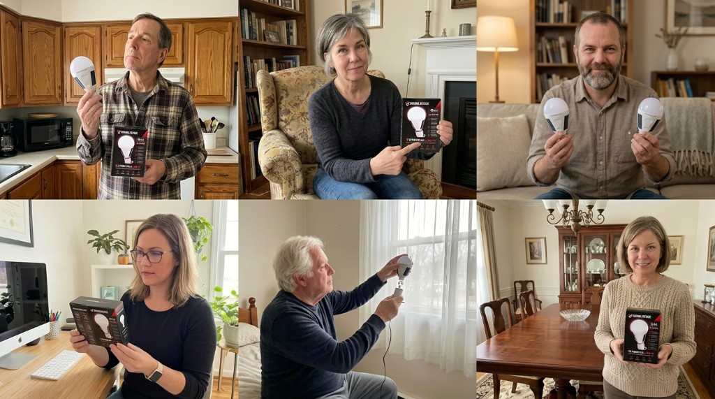 Eternalight customers holding their bulbs and packaging