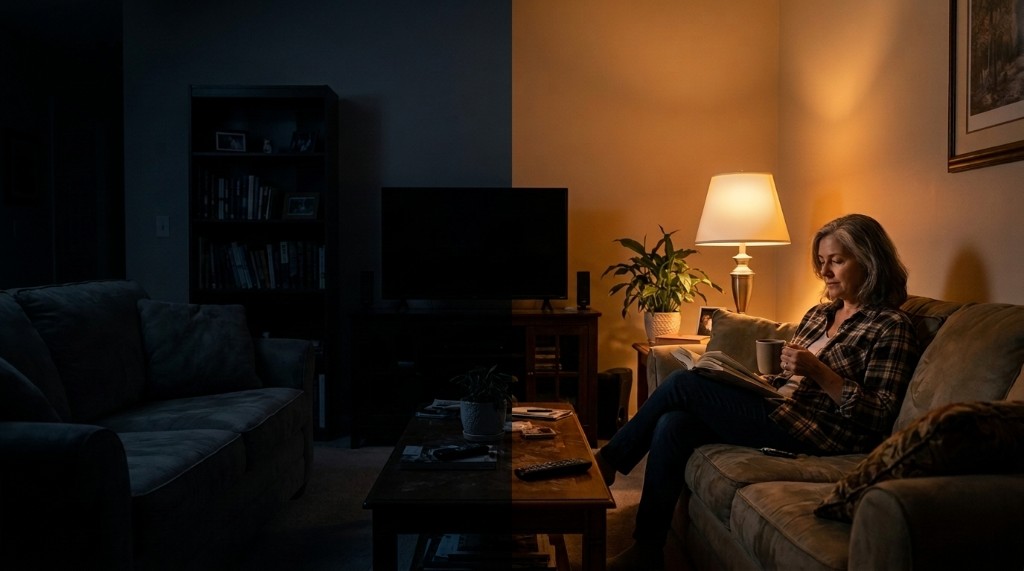 Woman sitting calmly in a lit room during a power outage while the rest of the house is dark