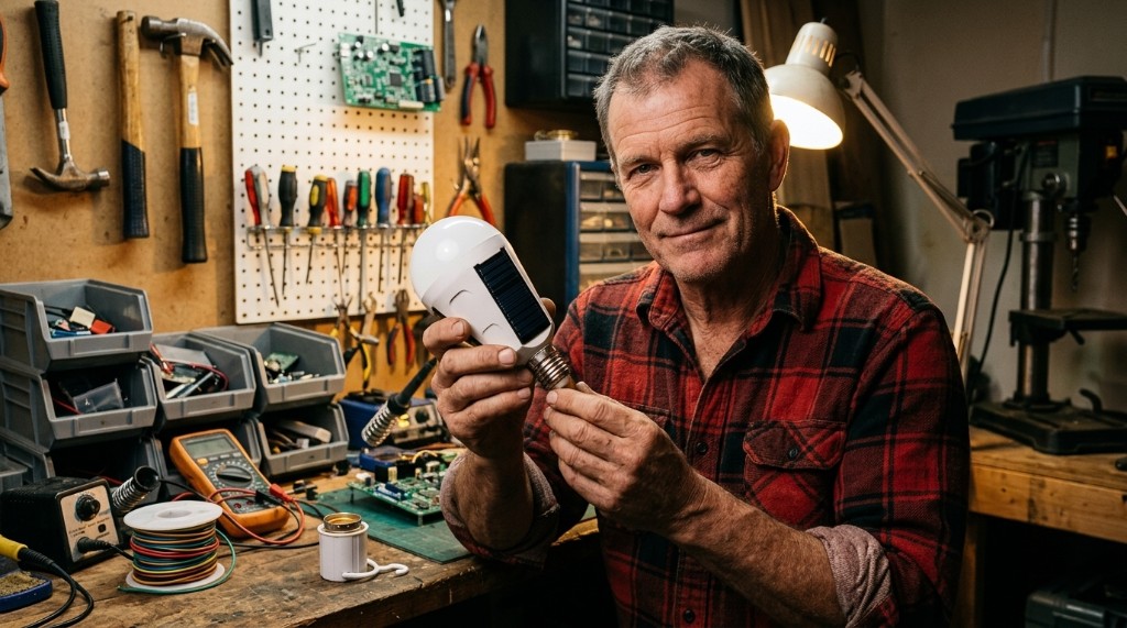 Marcus Webb, power engineer and inventor of Eternalight, holding the bulb in his garage workshop