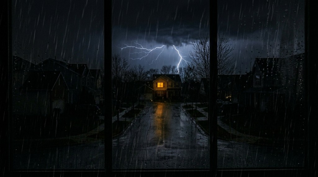 House with lights on during a storm while the rest of the neighborhood is dark